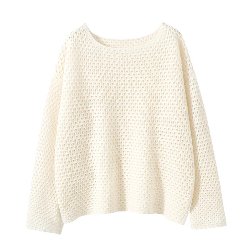 Solid Color Cashmere Hollowed-Out Retro Round Neck Long Sleeve Sweater - Autumn Winter Versatile Loose Knitwear