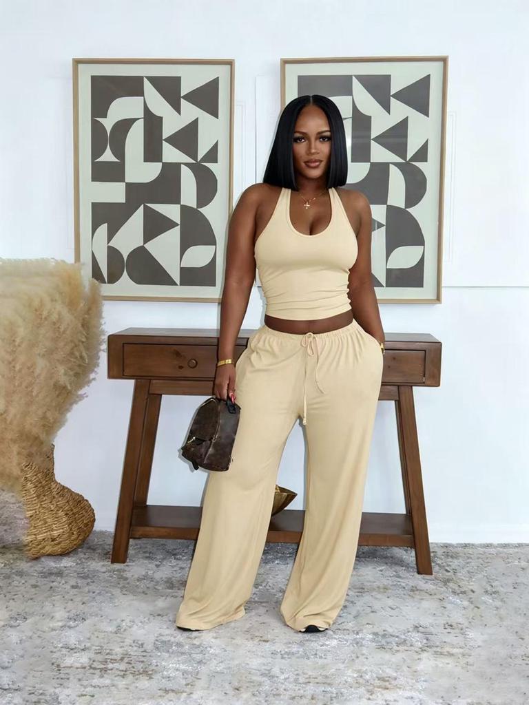 Women's Summer Solid Color Halter Top with High-Waisted Pocket Wide-Leg Pants