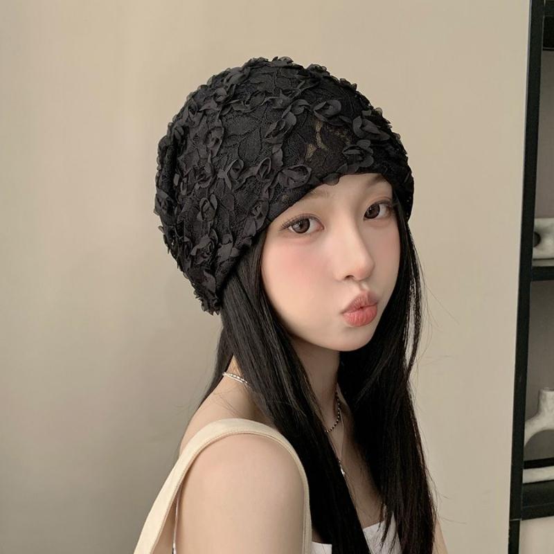 Women's Korean Minimalist Design 3D Flower Lace White Slouchy Hat Summer Hollow Breathable Thin Head-Wrapping Hat