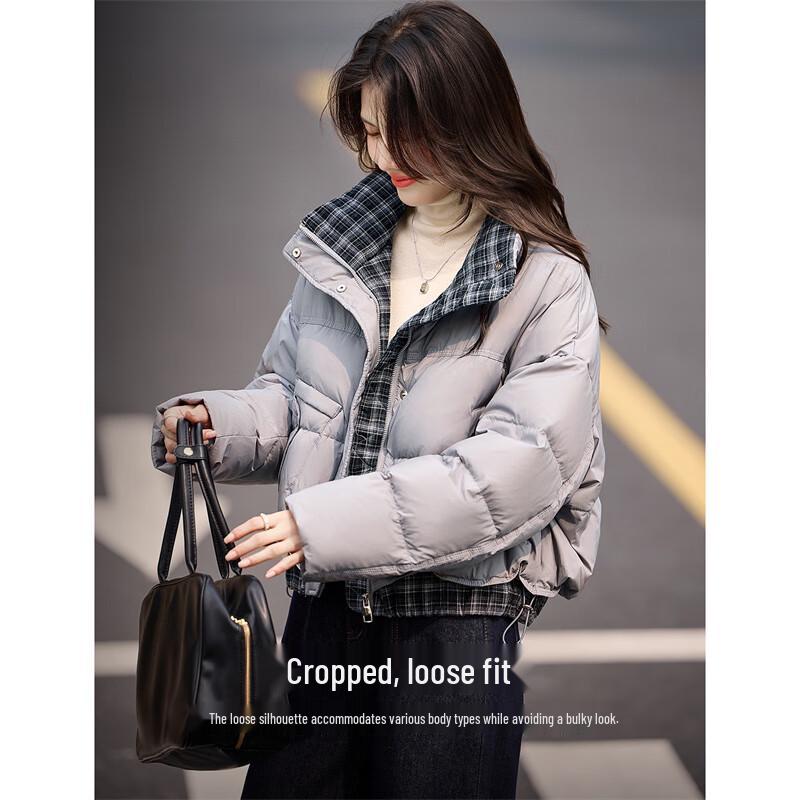 Xinfeiyu Women's Plaid Splicing Short Down Jacket (90% White Duck Down)