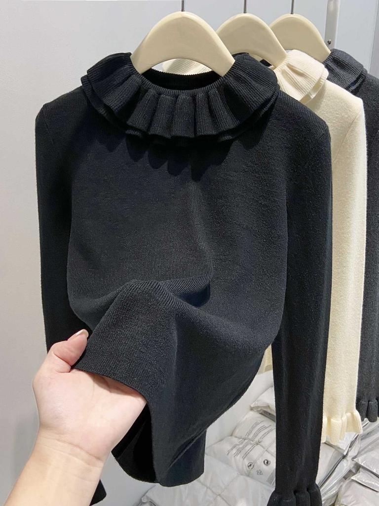 Premium Ruffle Edge Long-sleeved Knitted Sweater for Women's Autumn and Winter New Inner Sweater Bottoming Top