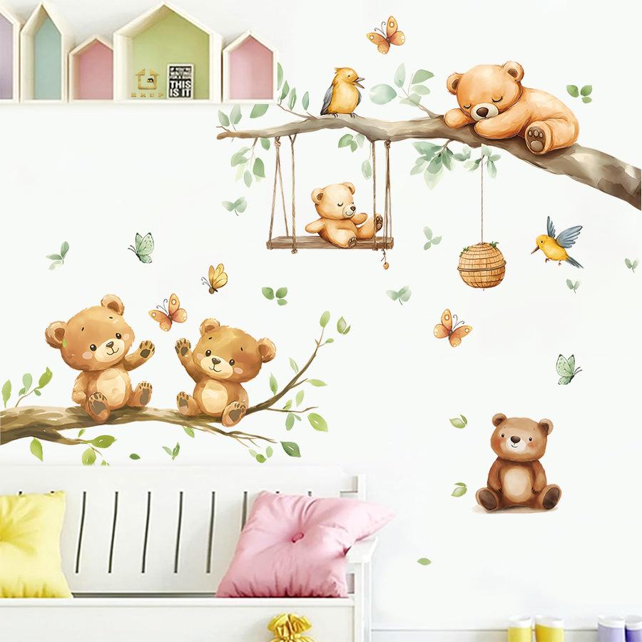 Cute Cartoon Bear Wall Sticker Self-Adhesive Branch Tree Decal for Kids Bedroom Living Room Home Decor