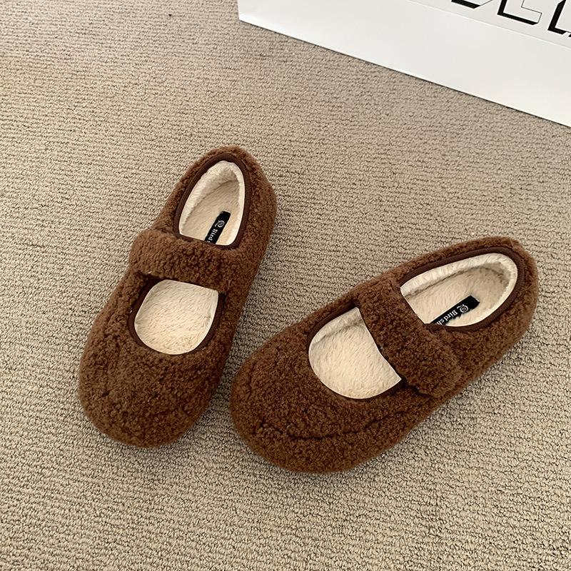 Retro style plush word Velcro Mary Jane shoes women s winter new temperament flat bottom shallow mouth velvet cotton shoes 40 темно-коричневого