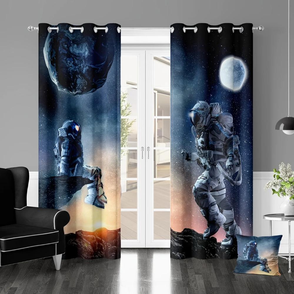 2pcs Curtains Brilliant Galaxy Starry Sky Planet Astronaut 3d Digital Printed Curtains Grommet Top Design For Living Room Drape