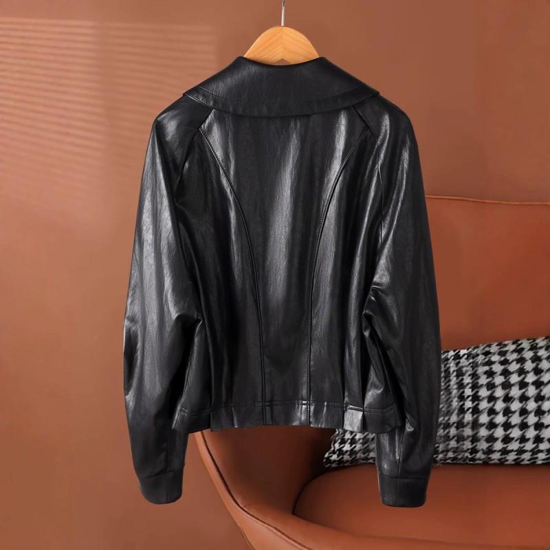 Womens Short Lambskin Leather Jacket Loose Fit Casual Chic Coat No Hood Flip Collar 2026