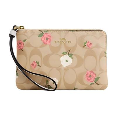 Corner Zip 16 Floral Print Logo Coated Canvas And Leather Clutch Bag Small Women Clutch Bag Gold Light-Khaki Chalk CR973-IMOTV