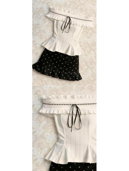 Women's Trendy Summer Set: Off-Shoulder Ruffled Top & Polka Dot High-Waisted Midi Skirt.