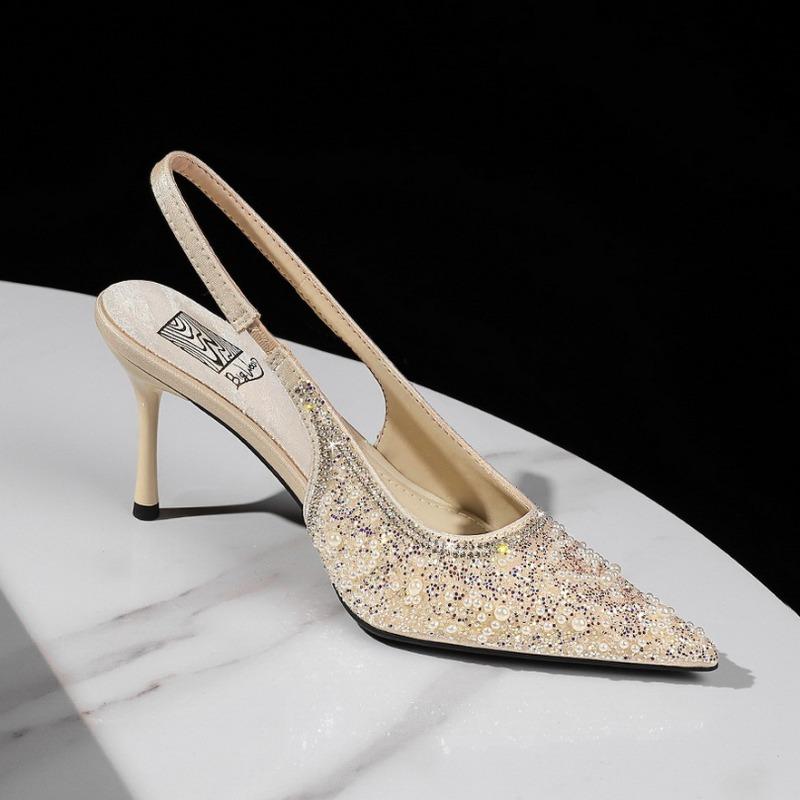 Wind banquet fashion thin heel pointed back empty shoes sequined beaded back strap high heels women's shoes