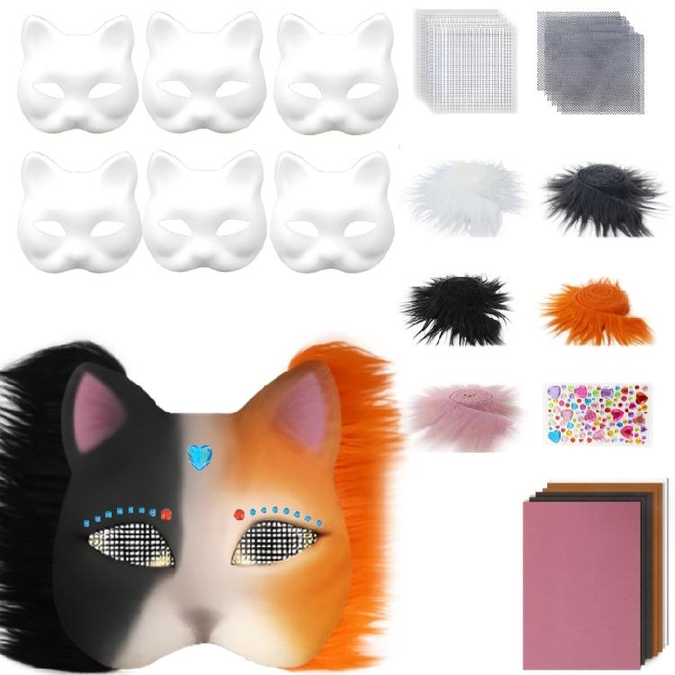 6Pieces White Cats Face Mask Unpainted Masquerades Mask for Halloween Includes Furry Trim Eye Mesh Felted Cloth Sticker