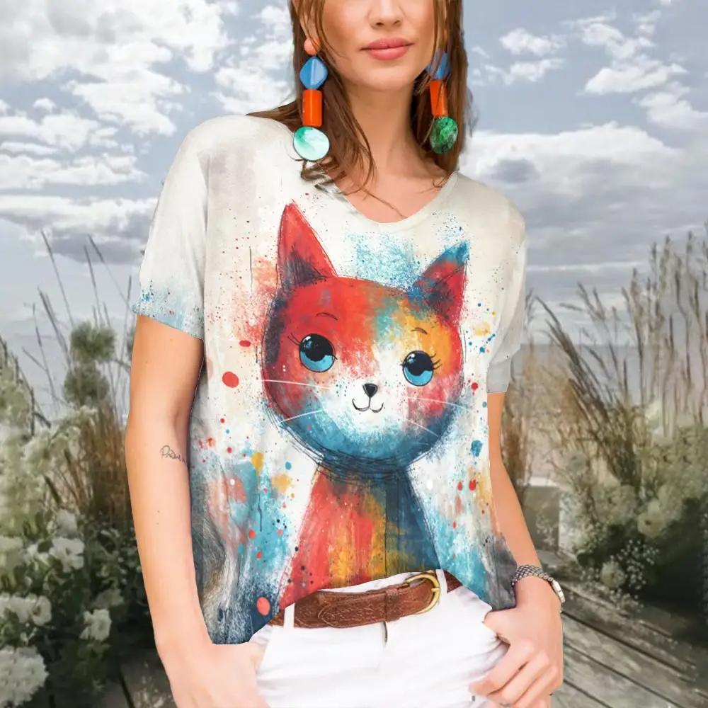 Summer Women Fashion V-Neck T-shirt Casual Cartoon Cat Tops Tees Female Colorful Short Sleeve Clothing Ladies Vintage Streetwear