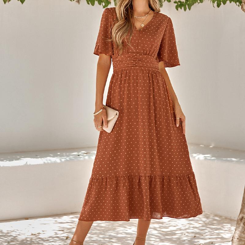 

Summer V-Neck Flounce Dress - Solid Color Maxi Long Sleeve S червоний