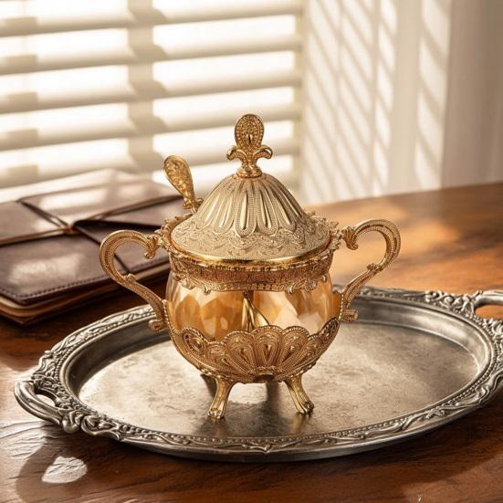 Condiment Pot for Restaurant And Hotel Seasoning Jar with Lid Spoon, European Style Metal Small Spice Coffee Bar Container, Decorative Sugar