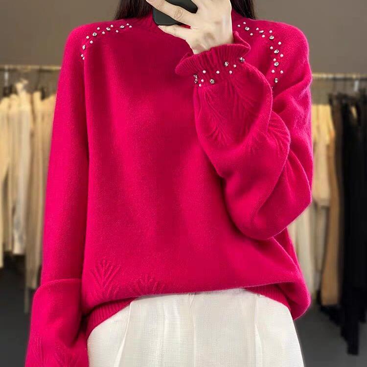 Women's Autumn and Winter Sweater Thickened Loose Lazy Half-high Neck Princess Sleeve Cashmere Base Sweater
