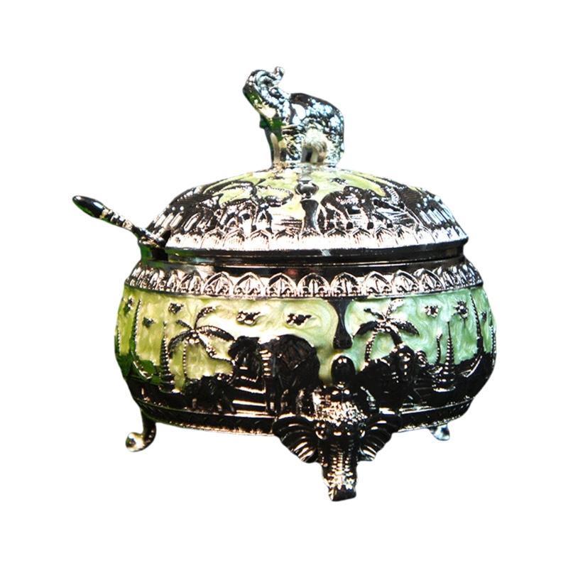 Q1JB Elegant Alloy Sugar Bowl with Lid and Spoon Elephant Kitchen Container Alloy Texture Table Decorating Accessories