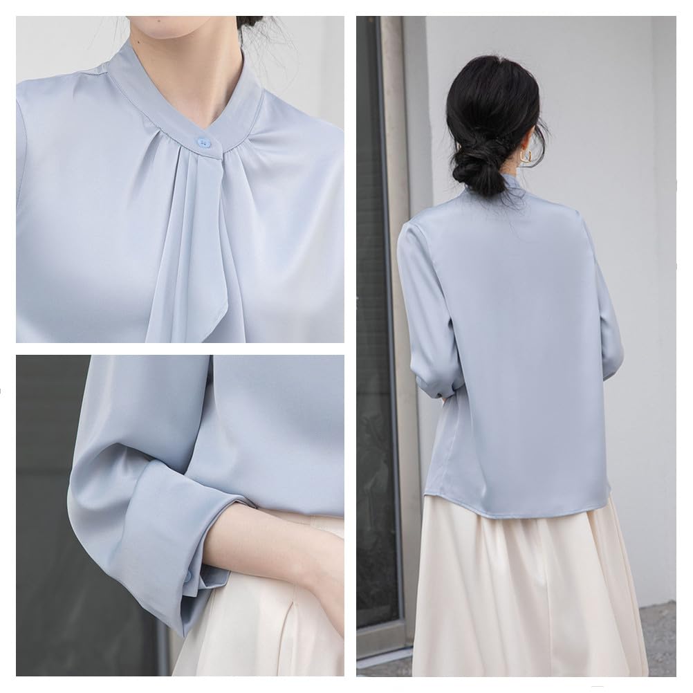 [SYitong] Women's Long-Sleeved Plain Blouse, Stylish, Washable, Collarless, White/Pink, Lined, Business/Office, Cute, Popular, Date, Outing, Commuting