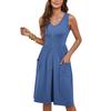 Abito midi casual estivo da donna, scollo a V, senza maniche, bottoni, linea ad A, con tasche