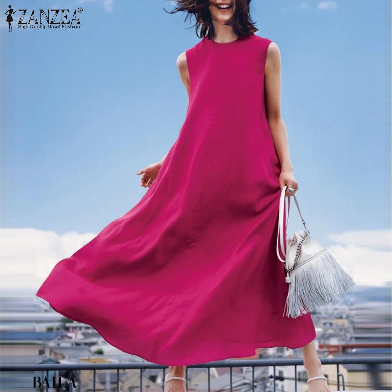 

ZANZEA Женское повседневное свободное летнее платье без рукавов с круглым вырезом: Модная мода на любой случай