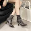 In the autumn and winter of 2025, the new pointed-toed thin-heeled pleated women's boots are fashionable and thin soft leather zipper high-heeled 