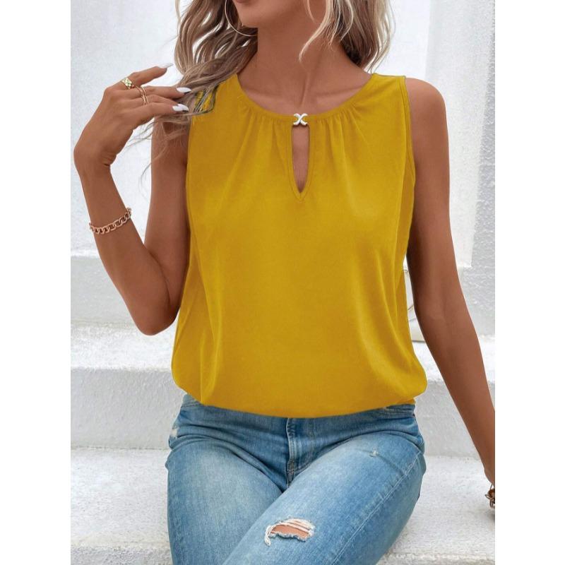 Nuova camicetta estiva ampia senza maniche con scollo rotondo da donna, camicia casual da ufficio alla moda, canotta a tinta unita, elegante, sexy, semplice, con intagli, top e canotta.