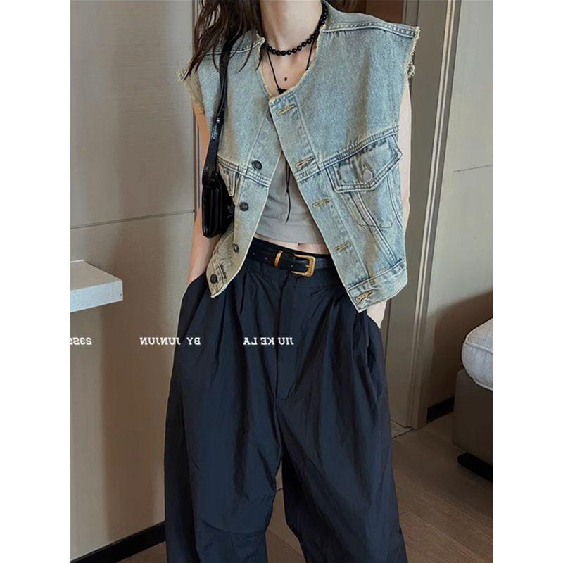 

Винтажный жилет короткий без рукавов жилет джинсовый жилет Retro water wash blue S