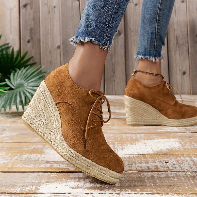 Women's Solid Color Stylish Shoes, Lace Up Low-top Platform Wedge Shoes, Espadrilles Round Toe Versatile Shoes