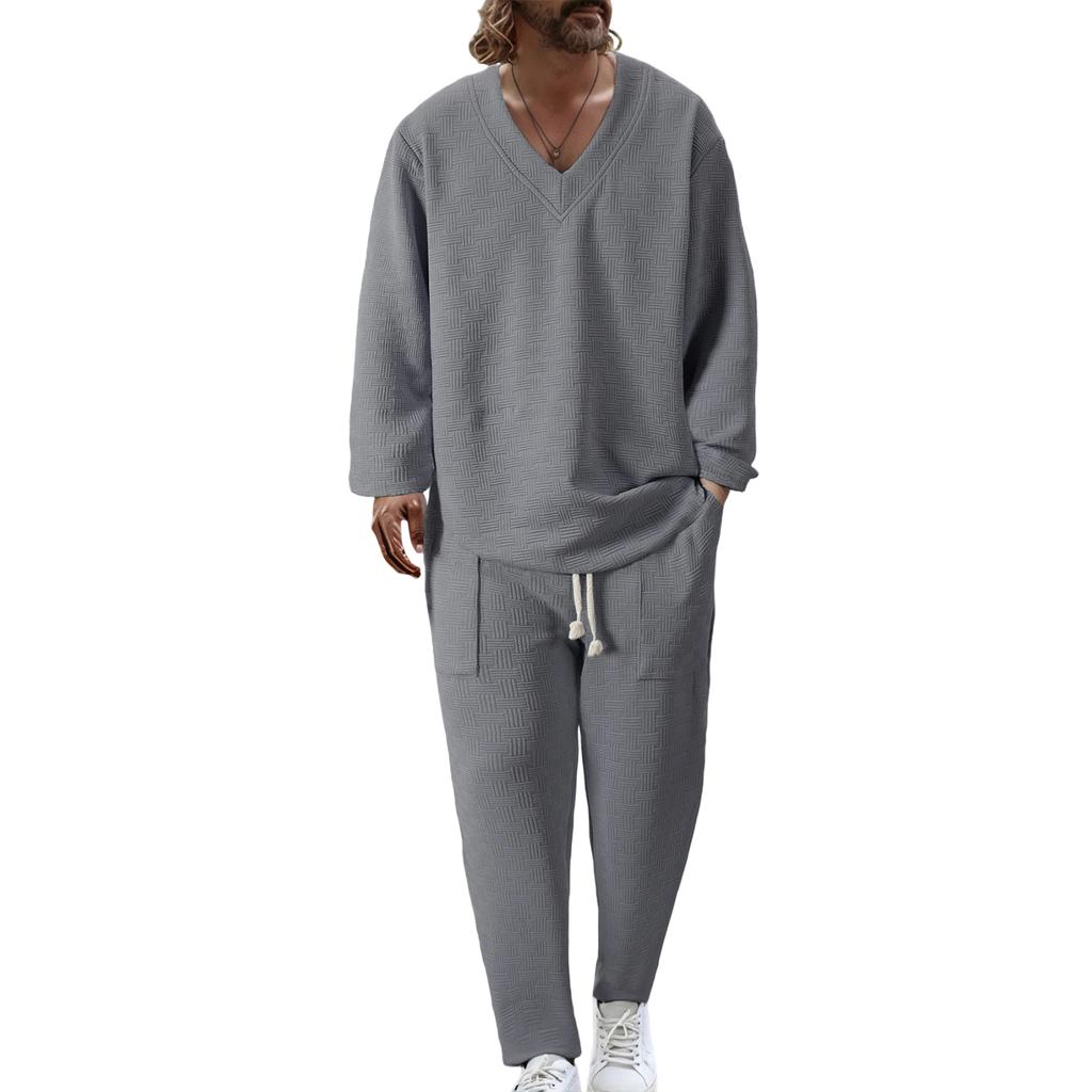 Męski casualowy zestaw sportowy z koszulą z długim rękawem zapinaną na guziki ze stójką i długimi spodniami