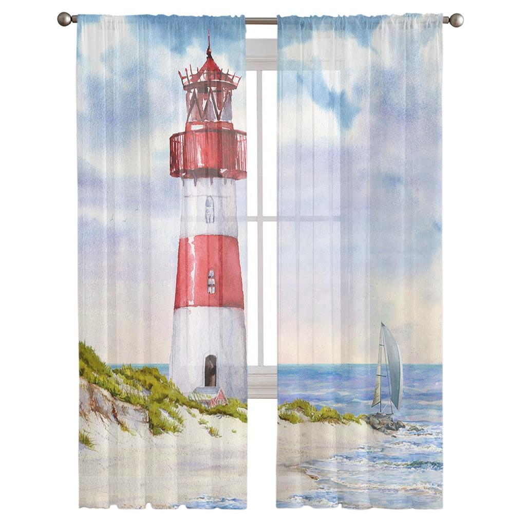 Lighthouse Beach Island Vintage Watercolor Sheer Curtains Modern Gauze Curtain for Living Room Bedroom Voile Yarn Curtains