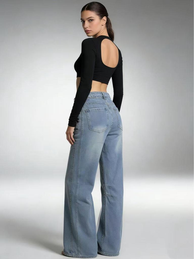 European and American Retro Women's Wide-Leg Mid-Waist Jeans