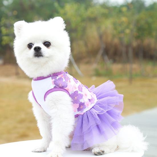 Dog Princess Dress Flower Printing Multi-layer Net Yarn Cotton Round Neck Teddy Wedding Skirt for Summer