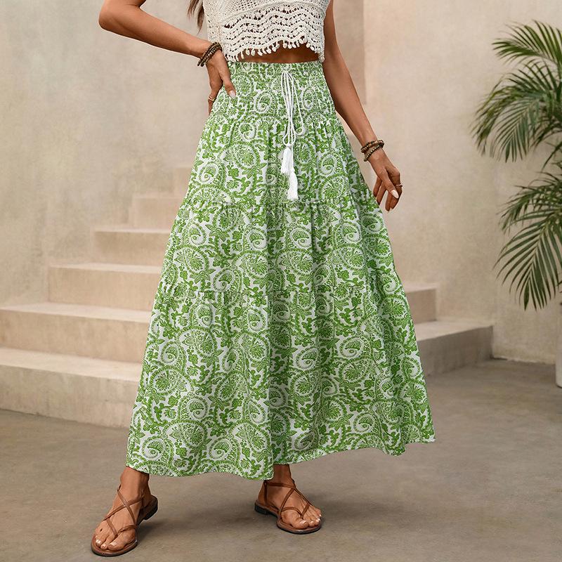 2026 Summer Boho Paisley Print Long Skirt with Elastic Waist and Tassel Drawstring