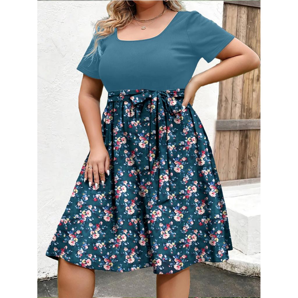 Damen Modisches Und Trendiges Rundhals Kurzarm Kleid Mit Taillenprint In Übergröße