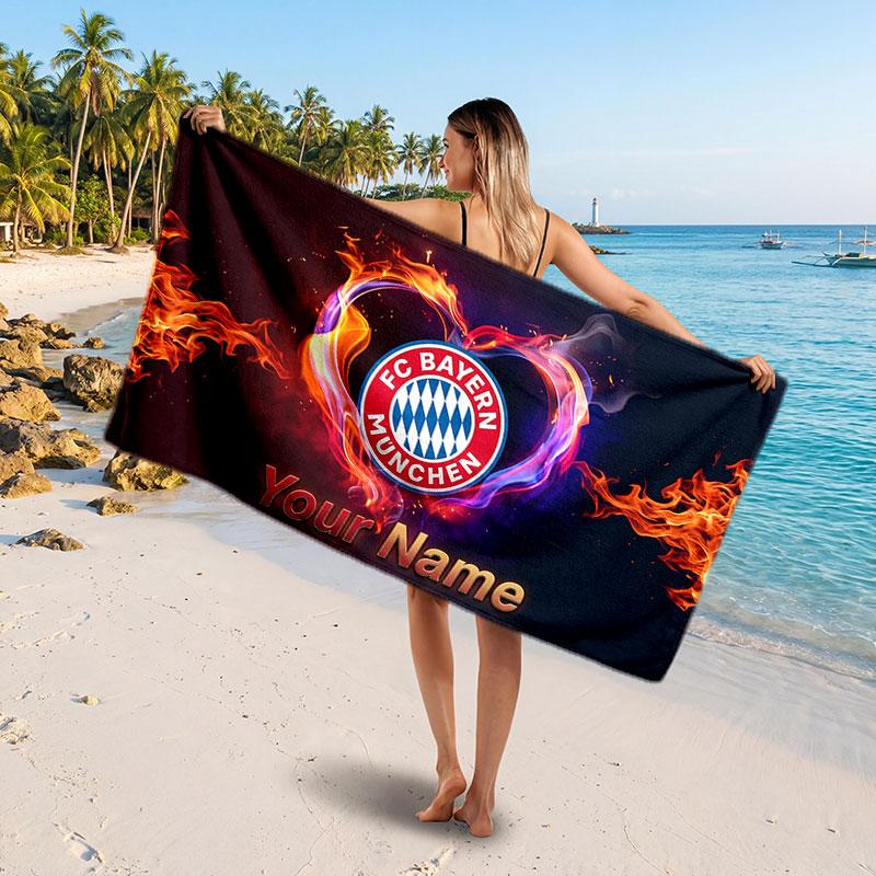 Bayern Munich Custom Beach Towel, Personalized Name Text Print, Football Logo Soft Quick‑Dry Towel Holiday Gift