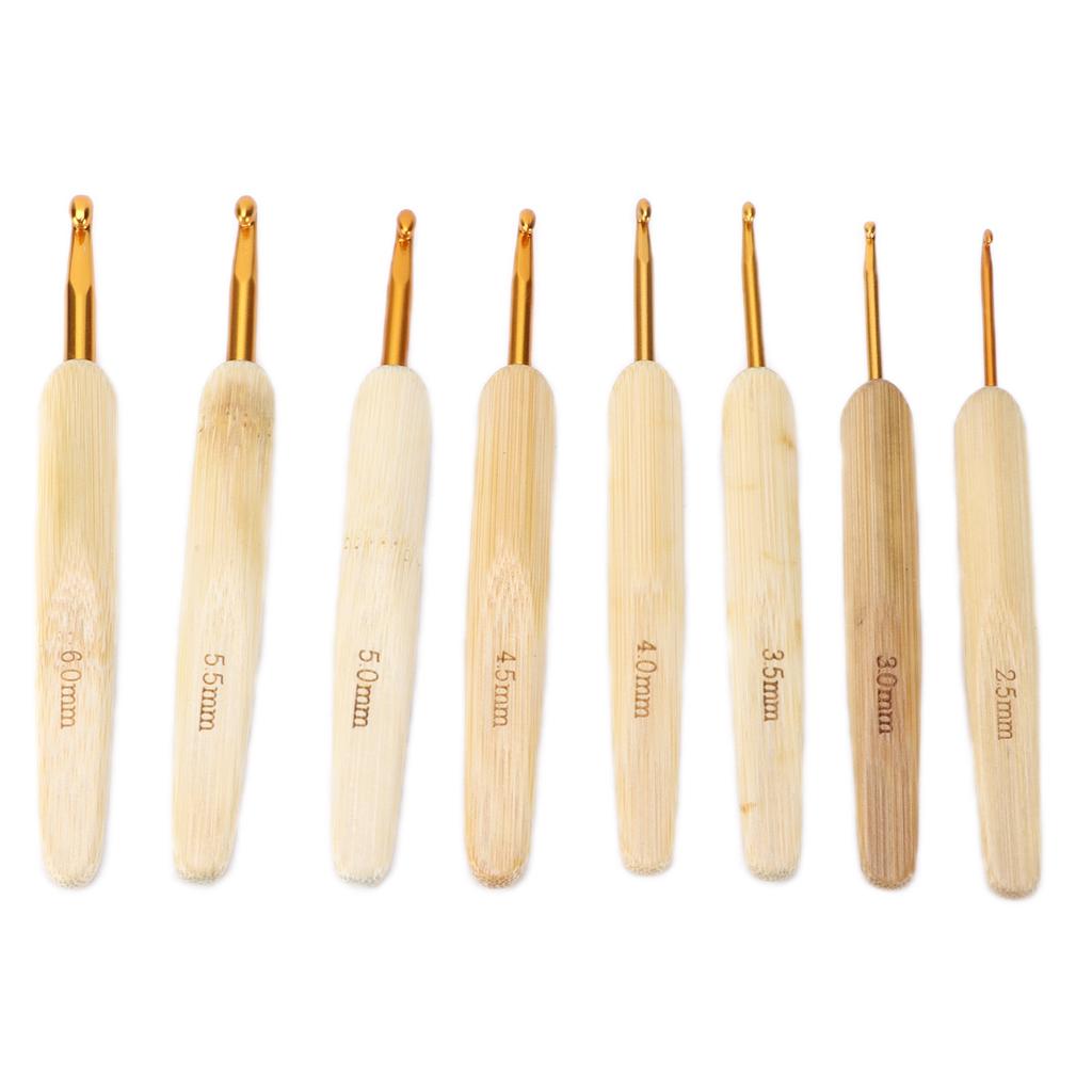 8pcs Crochet Hooks Alumina Needle Bamboo Handle Golden Weaving Tools for Handicraft Lovers