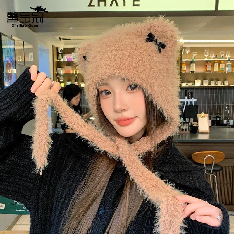 Plush Ear Caps Children Cute Cat Ear Bows Autumn and Winter Cold and Warm Knitted Wool Pullover Hat
