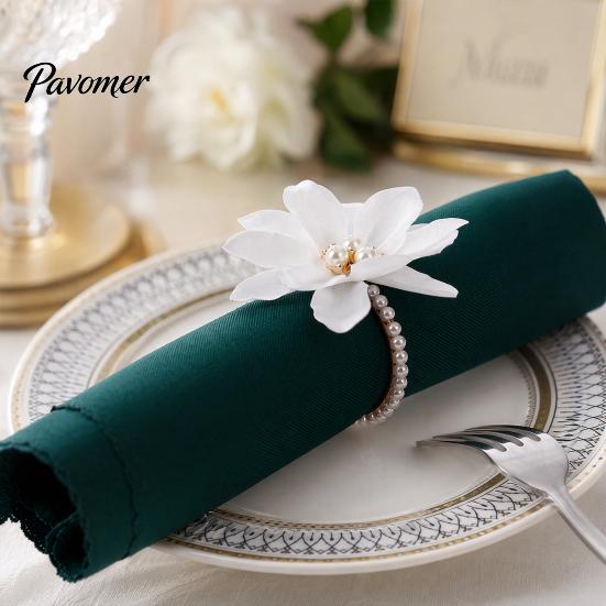 Wedding Napkin Rings 6Pcs White Lotus Rings, Chiffon Flower Metal Ring Holders, Faux Durable Pearl Dinner for Bridal Shower Table Decor Light