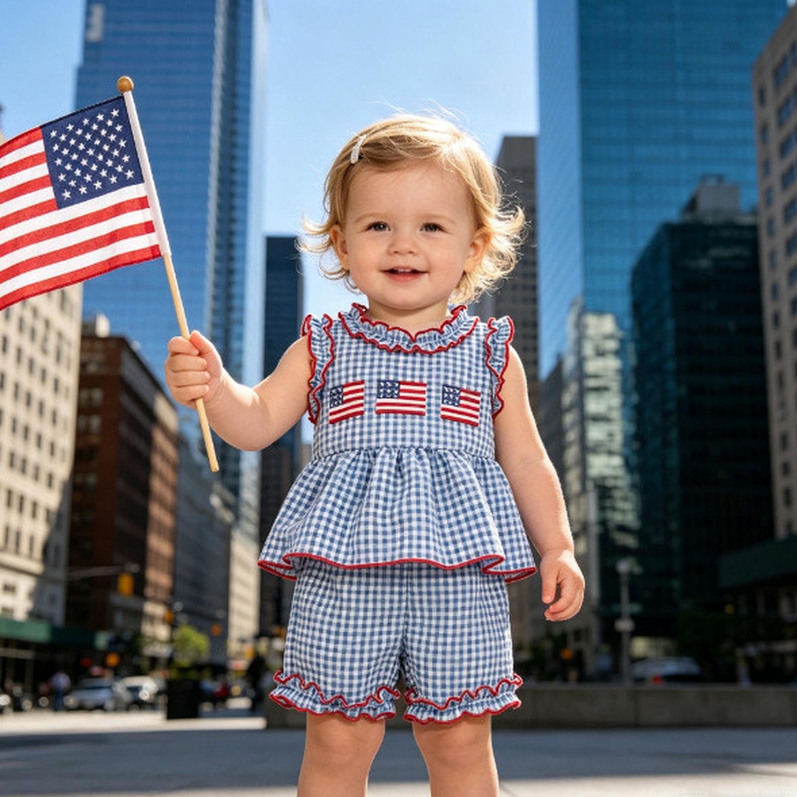 

Toddler Girls Gingham Two Piece Outfit Sleeveless Peplum Top with Ruffle Trim and Elastic Waist Shorts Set for Summer 24M синий