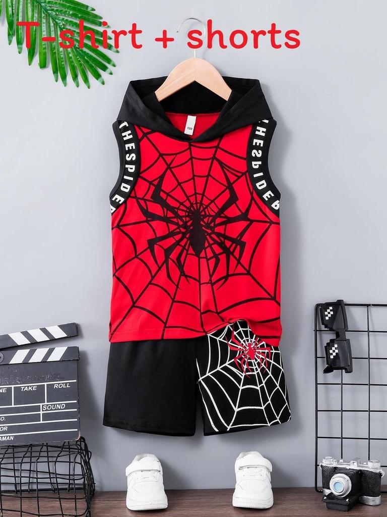 Spiderman Kids Short Sleeve Twopiece Set With Hoodie Cotton Summer Outfit For Children