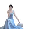 Elegantes Damen Strandkleid in Französisch Blau mit Spaghettiträgern und quadratischem Ausschnitt