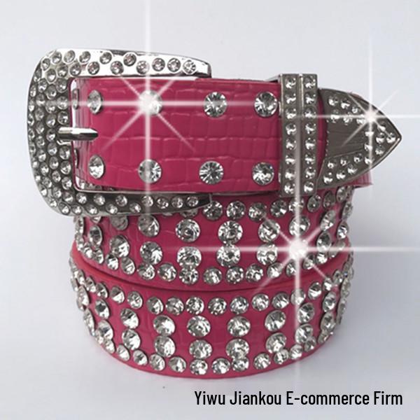 Women's Korean Style PU Leather Belt with Full Rhinestone Design