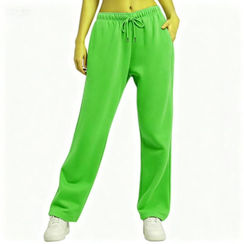 Women's Mid Waist Straight Sweatpants Loose Fit Drawstring Casual Wide Leg Trousers With Side Pockets