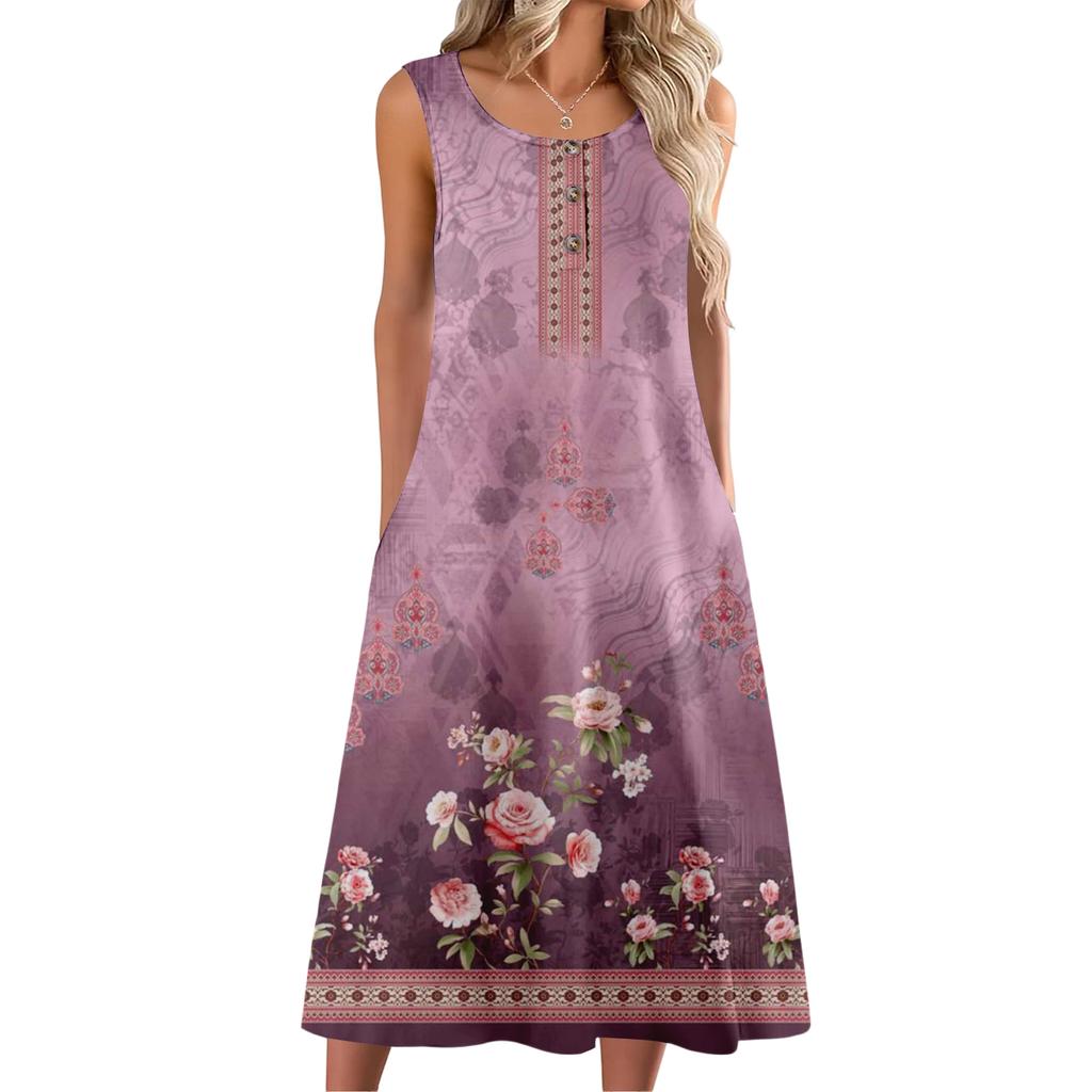 Women's Fashion Casual Sleeveless Button Floral Print Dress with Pocket