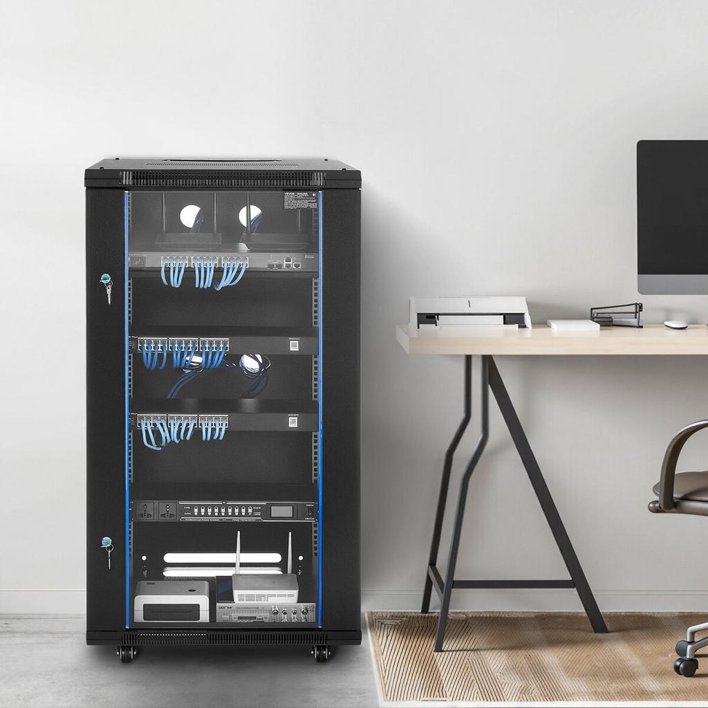 22U Network Cabinet Wall Mount, 600 mm Depth, 136 kg Max Load Capacity Server Cabinet Rack Enclosure with Locking Tempered Glass Door, Side Panels,