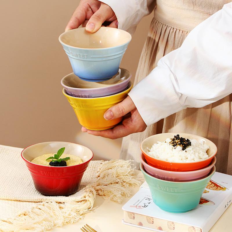 Rainbow Gradient Ceramic Rice Bowl - Japanese High-Foot Dessert, Soup, Ramen, and Steamed Egg Bowl
