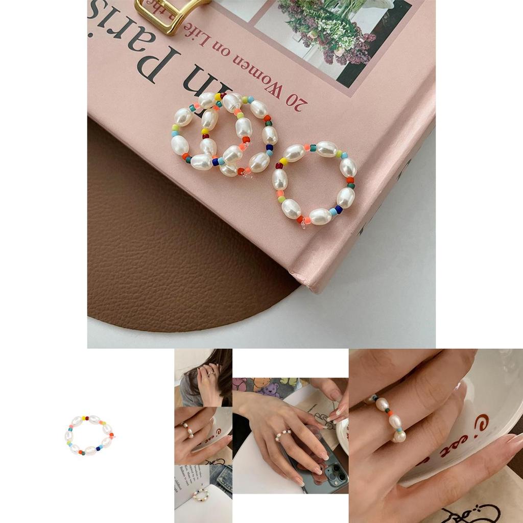 Stylish Korean Ddp Geometric Pearl Ring With Adjustable Elastic Band For Women