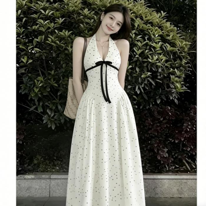 French V-neck Halter Sleeveless Polka Dot Dress, Beautiful, Elegant Summer Dress, Waist-shaped, Backless, Seaside Vacation Long Dress