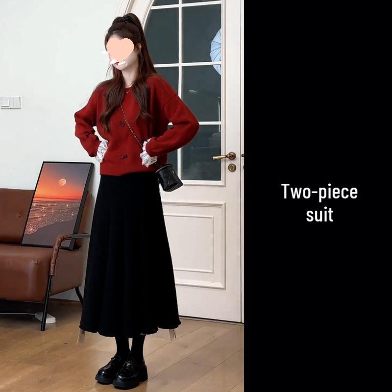 

2025 Spring Age-Defying Red Knit Sweater & Midi Skirt Set - New Autumn/Winter Design L 55/60kg