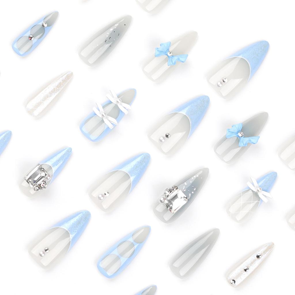 24 Pieces Flash Diamond Burst Flash Wear Nail Piece Bow French Explosion Manicure Press On Nails