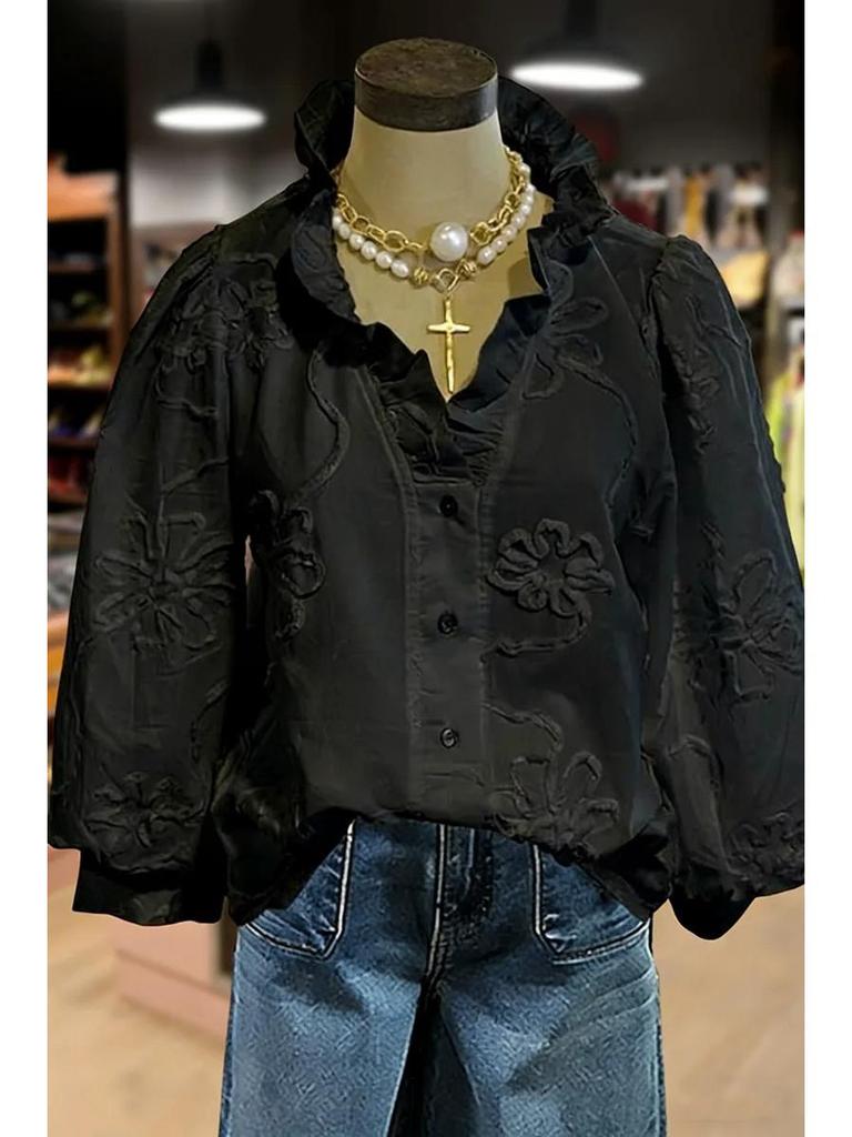 European-American V-Neck Ruffle Puff Sleeve Embroidered Women's Casual Holiday Top