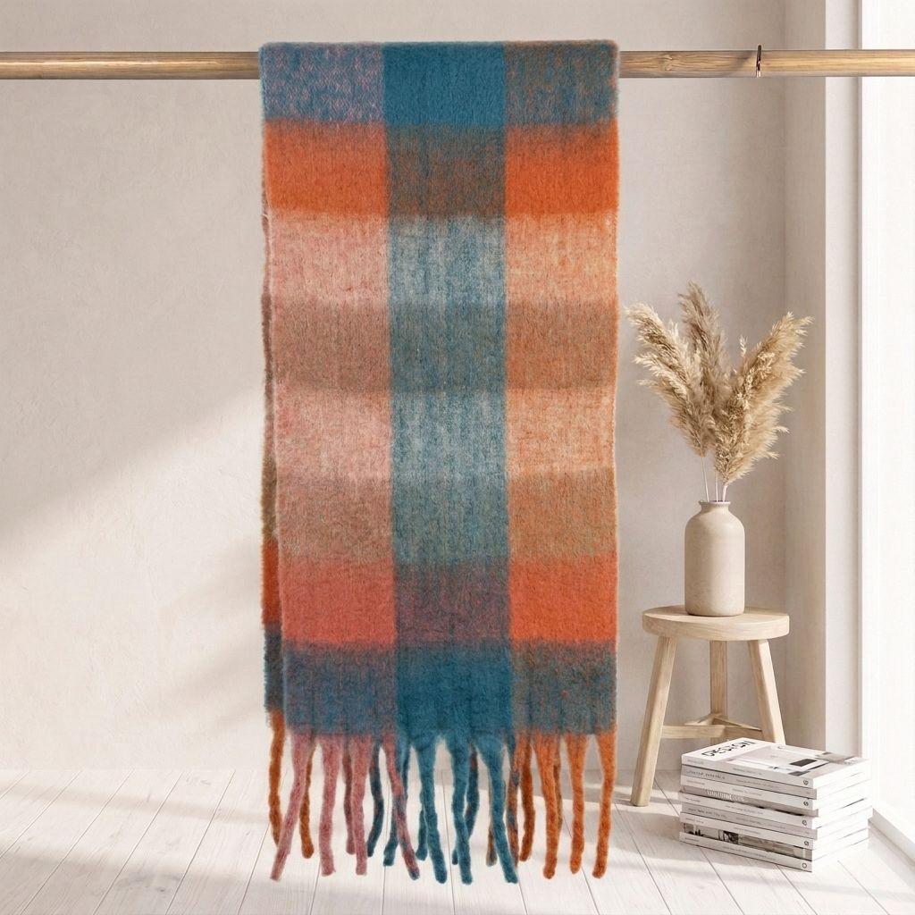 | Imitation mohair plaid scarf | Autumn and winter warm AC grid | Support LOGO customization