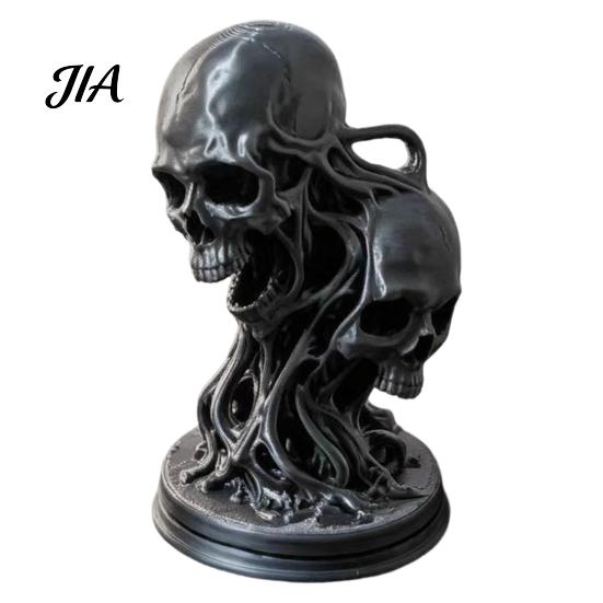 Unique Resin Desktop Decor 3D Printed Double Skull Ornament, Twisted Skeleton Figurine, Gothic Style Home Accents Statue for Halloween Bar &